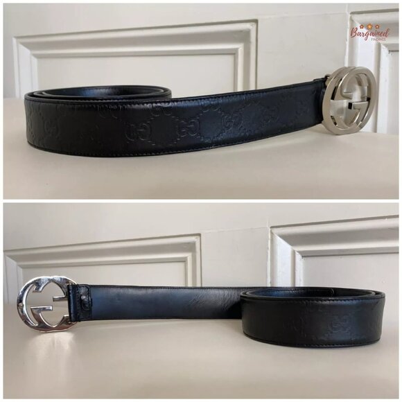 Authentic Gucci Black Guccissima Leather Silver Interlocking G Buckle Belt 90/36 - Picture 11 of 14